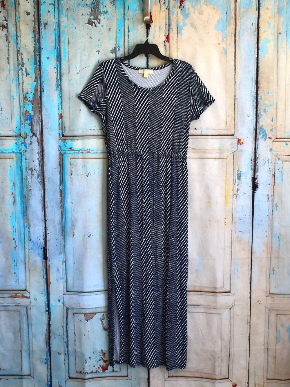Women's Michael Kors Double Slit Maxi Dress Geometric Casual Elegance LARGE Blue